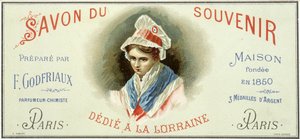 Mainosmerkki "Soap du souvenir, valmisti F. Godfriaux - Maison perustettu 1850". Kromolitografia 1800-luku. tekijältä Unknown artist