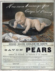 Mainos vuodelta 1889 englantilaisesta saippuasta "" Pears"" - suuresta englantilaisesta terveyssaippuasta. Kylvyssä oleva vauva tekee mielijohteesta (itkeä) ja yrittää saada saippuan kiinni. tekijältä Unknown artist
