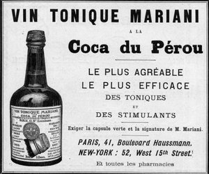 Mainos vuodelta 1889 "" Wine tonic Mariani a la coca du perou" (kokaiini) tekijältä Unknown artist