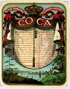 Cocan (kokaiinista uutetun tuotteen) mainonta: "" The Peruvian Balsamic Hygienic Exilir COCA"", 1800-luvun kromolitografia. tekijältä Unknown artist