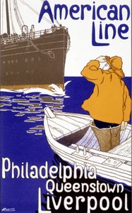 Mainosjuliste American Line -linjalle "Philadelphia - Queenstown - Liverpool" julkaisussa "Pictorial Placard", Bryssel tekijältä Unknown artist