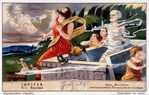Aesculapus kuolee Jupiterin räjäyttämänä kuolleiden herättämiseen - Oxo-kromolitografia, tuotettu Liebig tekijältä Unknown artist