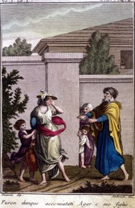 Abraham ajoi Agarin ja Ismaelin pois: Agar, joka erotettiin, lähti poikansa Isamelin kanssa Iisakin syntymän jälkeen. Kaiverrus 1800-luvun alusta. tekijältä Unknown artist
