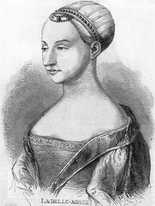Agnes Sorel (1422-1450) (Beaute sur Marnen rouva) (Beaute-sur-Marne), joka tunnetaan nimellä "La Belle Agnes", Charles VII:n suosikki. Kaiverrus 1800-luvulta. tekijältä Unknown artist
