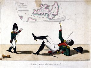 Ah, isä, satutit itseäsi. Sarjakuva Napoleon Bonaparten maanpaosta Elban saarella. tekijältä Unknown artist