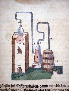 Alkemia: Tislauslaitteisto, otettu Pietro Andrea Mattiolin (Matthiole) (1500-1577) kirjasta. Frankfurt tekijältä Unknown artist