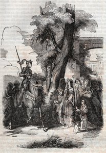 Alcina ja hänen hovinsa tulevat tervehtimään Ruggieroa - kaiverrus vuodelta 1851 Ludovico Arioston runosta Orlando furioso (1516), - Tressanin kreivin italiasta kääntämä painos ja kustantaja Gustave Harvard 1851 tekijältä Unknown artist