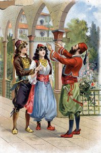 Ali Baba. (Ali-Baba) (Tales of the Thousand and One Nights): palkitakseen Morgianen Ali Baba antaa hänet naimisiin Poikansa kanssa. 1800-luvun kromolitografia tekijältä Unknown artist