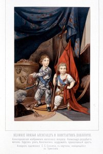 Allegorinen hahmo: Aleksanteri viipaloi idän kysymyksen Georgian solmun ja hänen veljensä Konstantinus asentaa ortodoksisen ristin - Schilderin "Keisari Aleksanteri 1st"" tekijältä Unknown artist