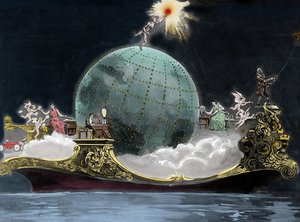 Allegoria sähköön liittyvästä tieteen ja tekniikan kehityksestä: ympäri maailmaa on edustettuna italialainen fyysikko Guglielmo Marconi (1874-1937), lennättimen keksijä, nainen langattomalla lennätinasemalla ja vasemmalla Benjamin tekijältä Unknown artist