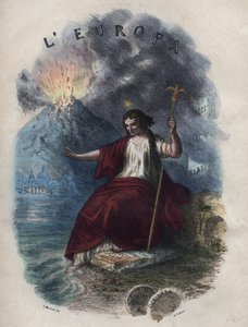Allegoria Euroopasta - kaiverrus kirjasta "" Kaikkien maailmankaikkeuden kansojen tavat ja tavat. Eli kaikkien kansojen hallituksen, lakien, miliisin, uskonnon historia kaukaisimmista ajoista nykypäivään "1856 tekijältä Unknown artist