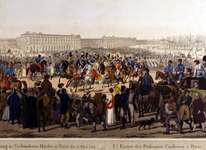 Liittoutuneet saapuivat Pariisiin 31. maaliskuuta 1814 (Venäjä Aleksanteri I, Itävallan keisari Francis Joseph I ja Preussin kuningas Frederick Vilhelm III.) 1800-luvun kaiverrus tekijältä Unknown artist