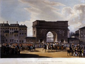 Liittoutuneet saapuivat Pariisiin 31. maaliskuuta 1814 (Venäjä Aleksanteri I, Itävallan keisari Francois I ja Preussin kuningas Fredrik Vilhelm III.) kaiverrus vuodelta 1826 tekijältä Unknown artist