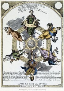 Almanach de vilage "Sodan jälkeen, rauha, rauhan jälkeen, sota": kaappi, jota pidetään maaseudulla ja suunniteltu lempeän filosofian mielessä herättämään massoissa alistumisen henki ajan kurjuuden edessä - 1600-luku tekijältä Unknown artist