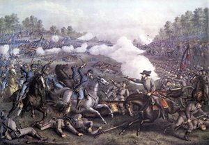 Amerikan sisällissota (1861 - 1865): Opequonin taistelu tai kolmas Winchesterin taistelu, Virginia 19. syyskuuta 1864. Kaiverrus 1800-luvulta. tekijältä Unknown artist