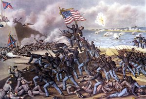 Amerikan sisällissota (1861 - 1865): 2000 mustaa vapaaehtoista hyökkäsi Fort Wagneriin Jekyll Islandilla Georgian edustalla heinäkuussa 1863. Kaiverrus 1800-luvulta. tekijältä Unknown artist