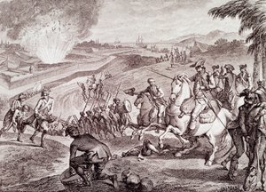 Amerikan vapaussota: Pensacolan piiritys ja Espanjan armeijan voitto (1800-luvun kaiverrus) tekijältä Unknown artist