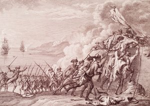 Amerikan vapaussota: Ranskan armeijan hyökkäys Dominicaan 7. syyskuuta 1778 (kaiverrus tekijältä Unknown artist