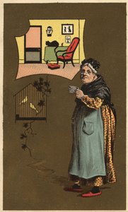 Vanha nainen, jolla on kuppi lähellä lintujen häkkiä. Anonyymi kromolitografia, 1800-luvun loppu. tekijältä Unknown artist
