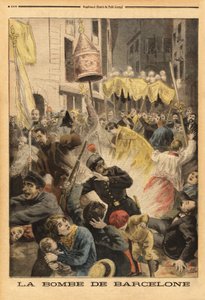 Anarkistihyökkäys Barcelonassa, pommiräjähdys Santa Marian kirkosta lähtevässä kulkueessa, katu nuevos cambios. Kaiverrus "" Le petit Journal" -lehdessä 21.6.1896. Selvan kokoelma. tekijältä Unknown artist