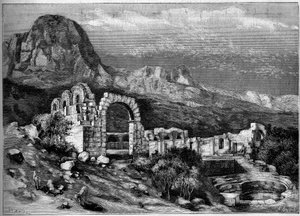 Muinainen arkkitehtuuri: Roomalaisen Zaghouanin (Tunisia) temppelin rauniot. Riugelin kaiverrus teoksessa "" The Illustrous World"" nro 1308, 22. huhtikuuta 1882. tekijältä Unknown artist