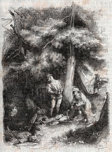 Angelique (Angelica) pelastaa Medorin (Medoro) wesse - kaiverrus vuodelta 1851 Ludovico Ariostosta "" Furious Roland"" (Orlando furioso) (1500-luku), joka tunnetaan nimellä Ariosta - Tressanin kreivi kääntänyt italiasta ja julkaisija Gustave Harv tekijältä Unknown artist