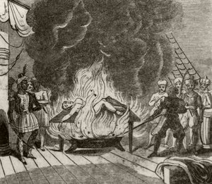 "Angora, intialainen merirosvo, paistamassa englantilaisen kapteenin elossa", n. 1836 tekijältä Unknown artist