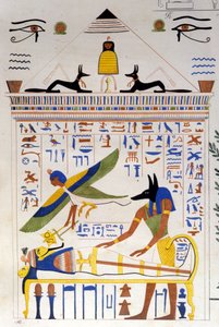 Anubis huolehtii muumiosta, kun vainajan sielu lentää muuttoliikettä varten - Ippolito Rosellini (Rossellini) "" Egyptin ja Ylä-Nubian muistomerkit"". tekijältä Unknown artist