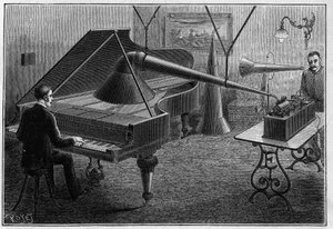 Laite pianokappaleen äänittämiseen fonografilla, Thomas Alva Edisonin (1847-1931) keksintö. Kaiverrus "" La Nature -kirjaan. Revue des sciences et de ses applications aux arts et a l