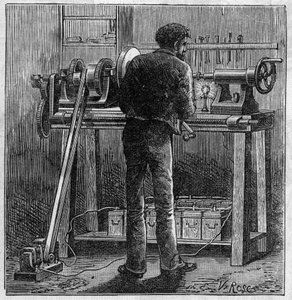 Faure-paristojen käyttö: akulla toimivan käsityöläisen vuoro. Kaiverrus "" Le Monde Illustré" -kirjassa tekijältä Unknown artist