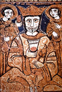 Arabonormand-tyylinen muotokuva Roger II:sta Sisiliasta (1095-1154) ympäröi korkeita arvohenkilöitä. Maalausta puulle 1100-luvulta. Palermo, Cappella Palatina del Palazzo Reale (kuninkaanlinnan kappeli) Sisilia, Italia tekijältä Unknown artist