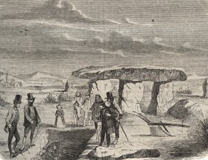 Arkeologiset kaivaukset: Gallialaisten hautojen löytö lähellä Dolmen de la Pierre aux Fees (Pierre-aux-Fees) Oisessa (60). Kaiverrus vuodelta 1856 "" Le Musee Des Sciences "" tekijältä Unknown artist