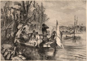 Pariisin ympärillä 1857. Asnieresissa melojia. Kaiverrus "Le Monde illustrious" -kirjoitukseen vuodelta 1857. Yksityinen kokoelma. tekijältä Unknown artist