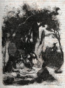 Rodomontin ja Mandricardin saapuminen Merlinin suihkulähteelle - Ludovico Arioston kaiverrus vuodelta 1851 "" Roland Furieux