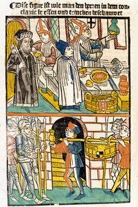 Ruoan saapuminen, jotta Konstanzin kirkolliskokouksen (1417), jonka aikana paavi Martinus V valittiin, jäsenet voivat syödä. “Das Concilium” tekijältä Unknown artist