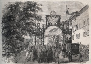 Itävallan Elisabethin (Sissi) (Itävallan Elisabeth) saapuminen Bad Kissingeniin (Kylpylä) vuonna 1865 - kaiverrus vuoden 1865 "Kuvallinen maailma" tekijältä Unknown artist