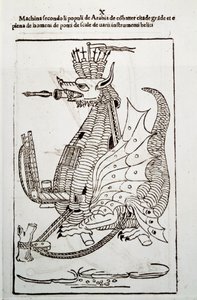 Sotataide: tutkimus sotakoneista. "" Arabica machina"", arabialainen kone kaupungin piirittämiseen, kuvitus insinööri Roberto Valturion (1413-1483?) teoksesta "De re Militari" tekijältä Unknown artist