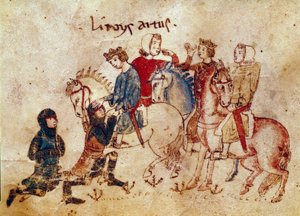 Arthurin legenda: "" Kuningas Arthur pehmentämässä ritareita (Meliadus (tai Meliodas), Esclabor ja Arfasar (tai Arphasar))"" Miniatyyri kirjasta "" Meliadus, Tristanin veli"" 1300-luvun Venetsia Biblioteca Marciana tekijältä Unknown artist