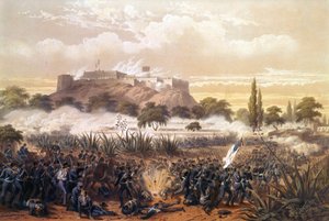 Chapultepecin hyökkäys syyskuussa 1847 Yhdysvaltojen ja Meksikon välisen sodan aikana. Kaiverrus vuodelta 1850. tekijältä Unknown artist
