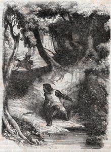 Astolph suihkulähteen reunalla - kaiverrus vuodelta 1851 Ludovico Ariostosta "" Furious Roland"" (Orlando furioso) (1500-luku), joka tunnetaan nimellä Ariosta - Painos, jonka Tressanin kreivi on kääntänyt italiasta ja julkaissut Gustave Harvard 1851 tekijältä Unknown artist