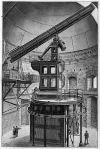Instituutin jäsenen, Meudonin fyysisen tähtitieteen observatorion johtajan Janssenin tähtitieteelliset lasit. Kaiverrus "" La Nature: revue des sciences et de leurs applications aux arts et a l