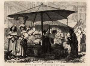 Piazza Navonan juurella, Roomassa (Italia). Kaiverrus havainnollistamaan matkaa Roomaan, Francis Wey, vuosina 1864-1868, julkaistu "Le tour du monde, nouveau journal des voyages" -lehdessä Edouard Chartonin johdolla. tekijältä Unknown artist