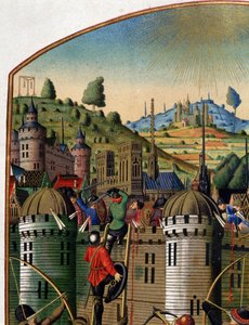 Hyökkäys Philippe Augusten linnaan, josta on näkymät Pariisiin ja Montfauconin hirsipuuhun 100-vuotisen sodan aikana, 1400-luvun puolivälissä. (yksityiskohta 14103). tekijältä Unknown artist
