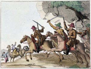 Kirgisejä (Mongolialaista alkuperää olevia Keski-Aasian turkkilaisia) hyökkäys kamelin karavaaniin hevosen selässä, Deb. 1800-luvulla tekijältä Unknown artist