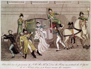 Hyökkäys Berryn herttua vastaan, Louis Pierre Louvel poistuessaan oopperasta 13. helmikuuta 1820. Kaiverrus 1800-luku. tekijältä Unknown artist