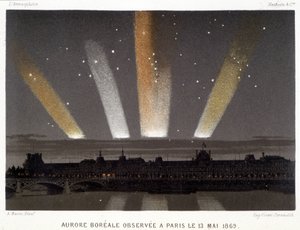 Aurora Borealis havaittiin Pariisissa 13.5.1869 - Amédée Guilleminin teoksessa "" Magnetism and Electricity" tekijältä Unknown artist
