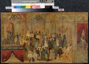 Ball-asu paholaisen kanssa (Fancy-mekko Ball with Devil). Anonyymi piirustus, 1800-luvun alku, akvarelli ja guassi paperille. Valtion A. Bakhrushinin keskusmuseo, Moskova tekijältä Unknown artist