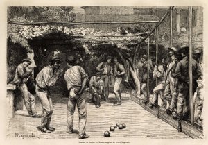 Palloilijat Roomassa (Italia). Kaiverrus havainnollistamaan matkaa Roomaan, Francis Wey, vuosina 1864-1868, julkaistu "Le tour du monde, nouveau journal des voyages" -lehdessä Edouard Chartonin johdolla. tekijältä Unknown artist