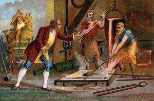 Balthazar Keller (1638-1702), kultaisä ja perustaja, yhden suihkun pohjassa ensimmäinen ratsastuspatsas vuonna 1699. Myöhäinen kromolitografia 1800-luvulta. tekijältä Unknown artist