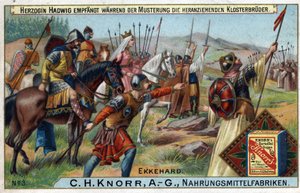 Barbarian Invasions - Joukkojen tarkastelun aikana herttuatar Hadwig ottaa vastaan taustalla lähestyvät munkit. tekijältä Unknown artist